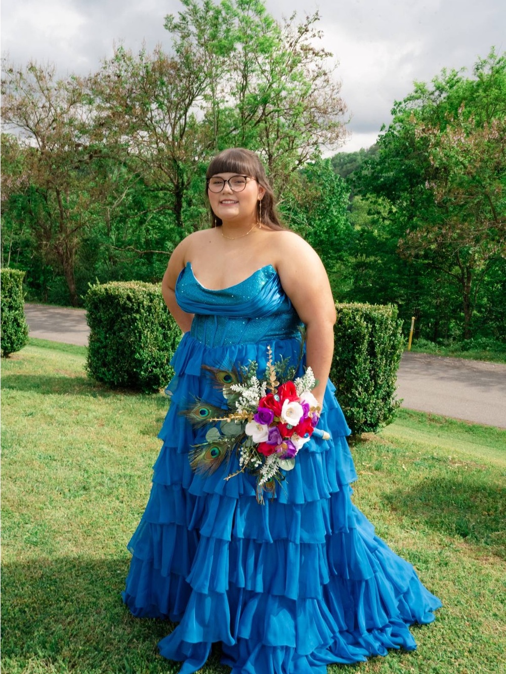 Sherri Hill Peacock Tiered Ruffle Prom Gown